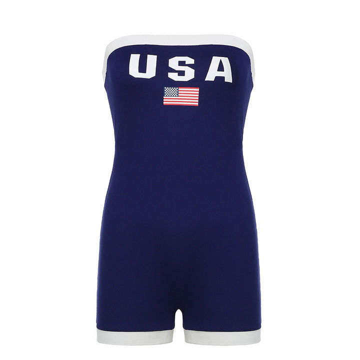 Women's patriotic USA flag bandeau swimsuit, trendy swimwear for summer beach days and poolside fashion.