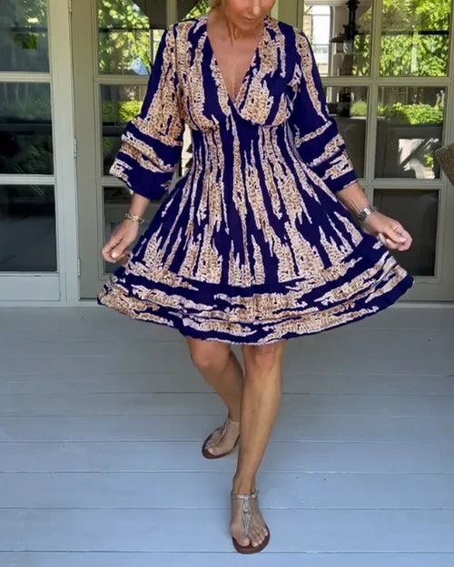 Light & airy women's V-neck dress, A-line cut, 3/4 sleeves. Flowy casual spring fashion for daily wear.