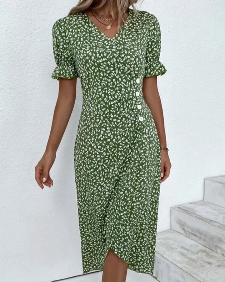 Women's V-Neck Button Dress with short sleeves for casual & chic everyday style.