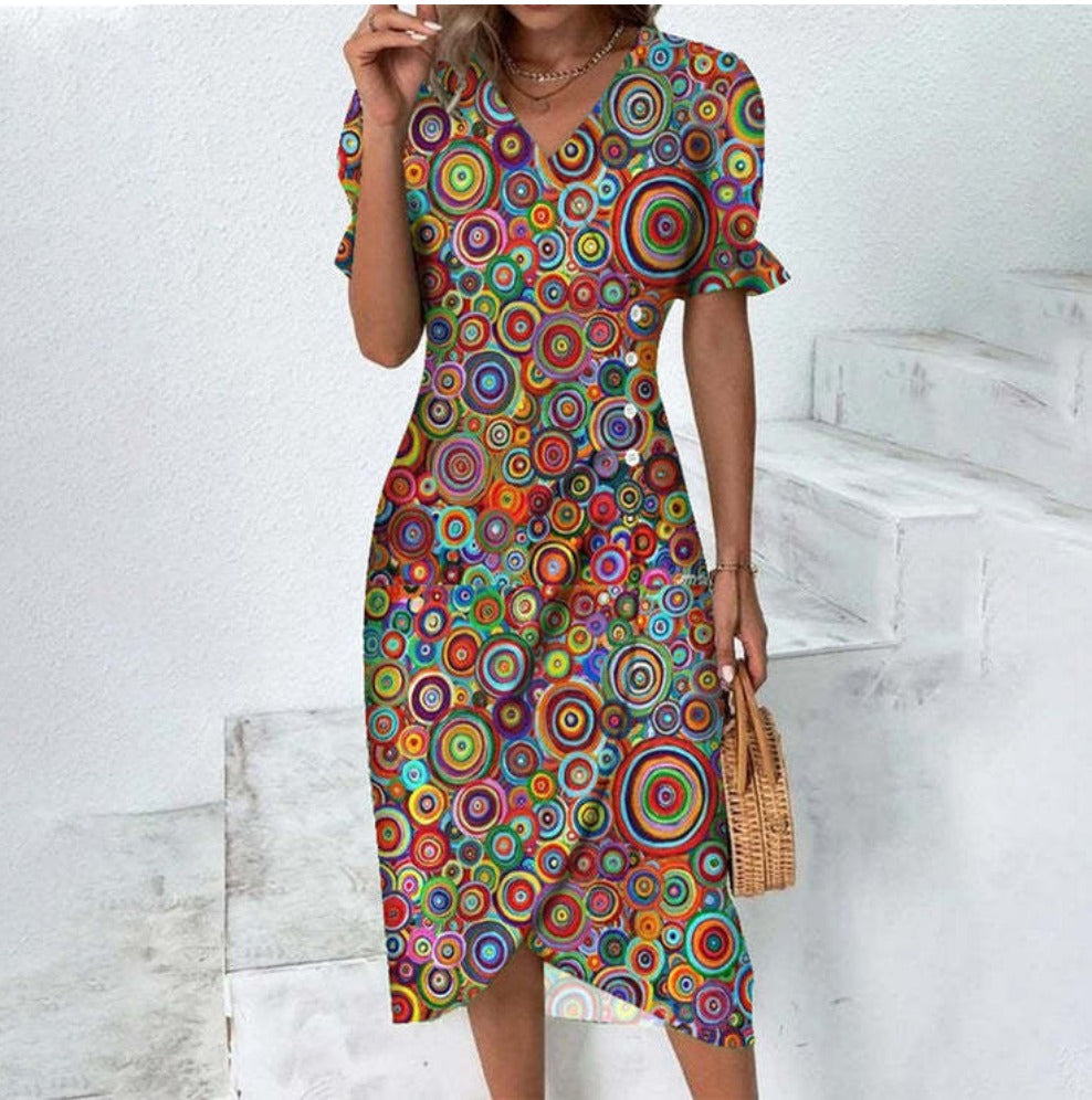 Modern women's V-neck button dress, short sleeve, offering an elegant & casual everyday style.