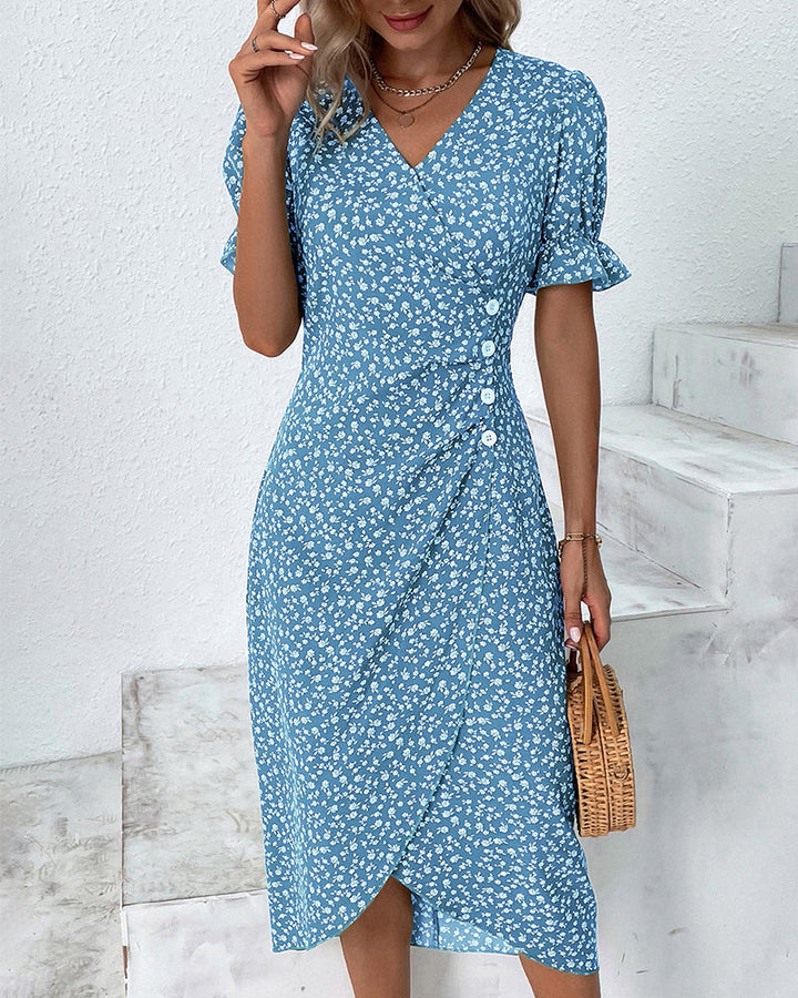 Women's V-neck button-front casual dress with short sleeves, a chic and versatile summer option.