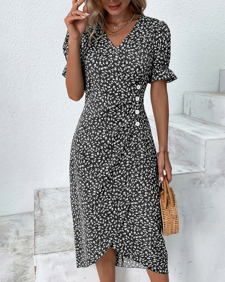 Short sleeve V-neck button dress for women, embodying chic fashion and everyday elegance.