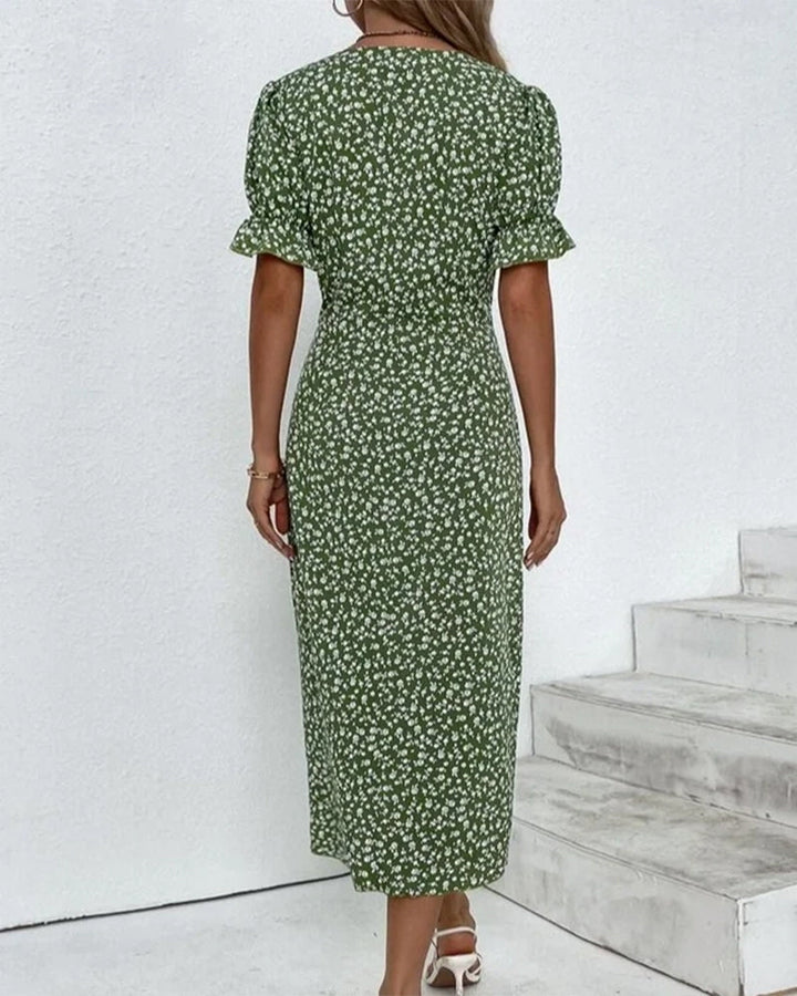 Elegant women's short sleeve V-neck button dress, perfect for versatile summer wear.