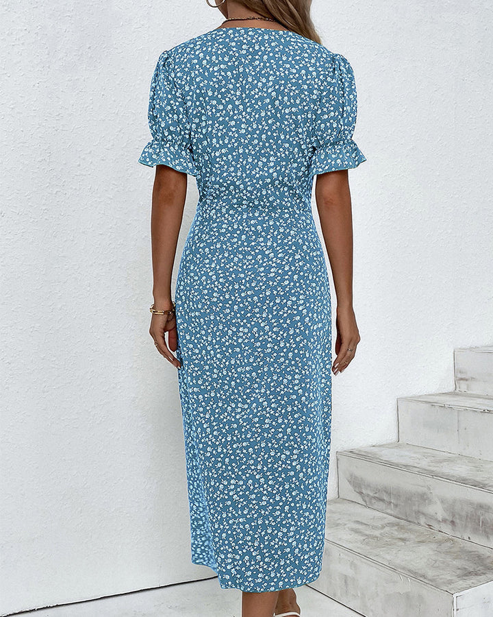 Versatile V-neck button dress for women, featuring short sleeves for casual and elegant looks.
