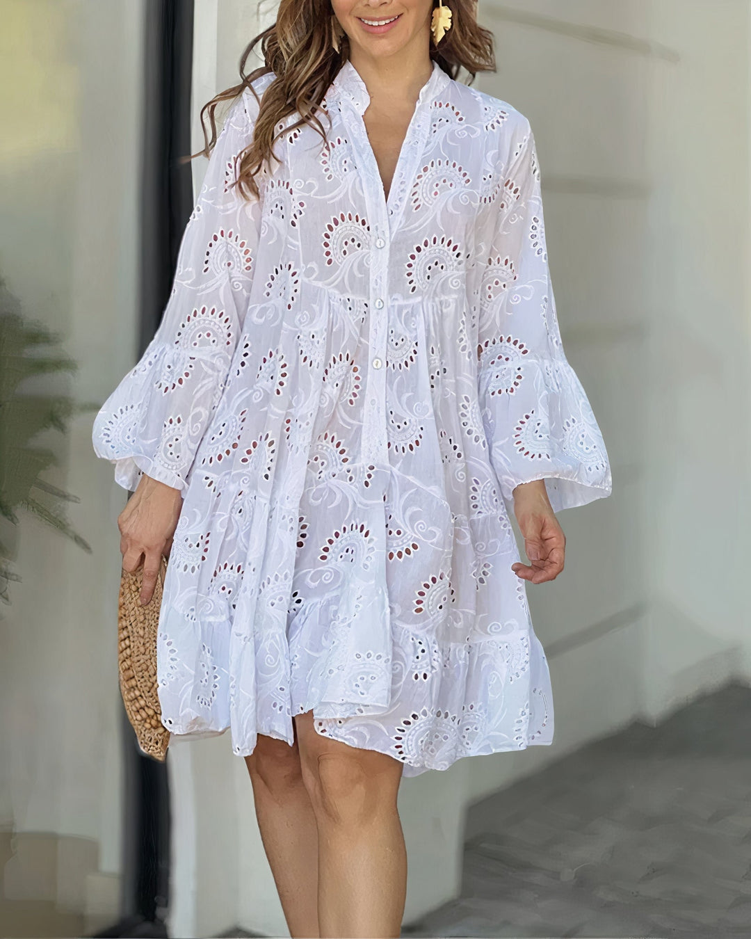 Effortless women's V-neck collared dress with three-quarter sleeves, a chic and casual summer day dress.