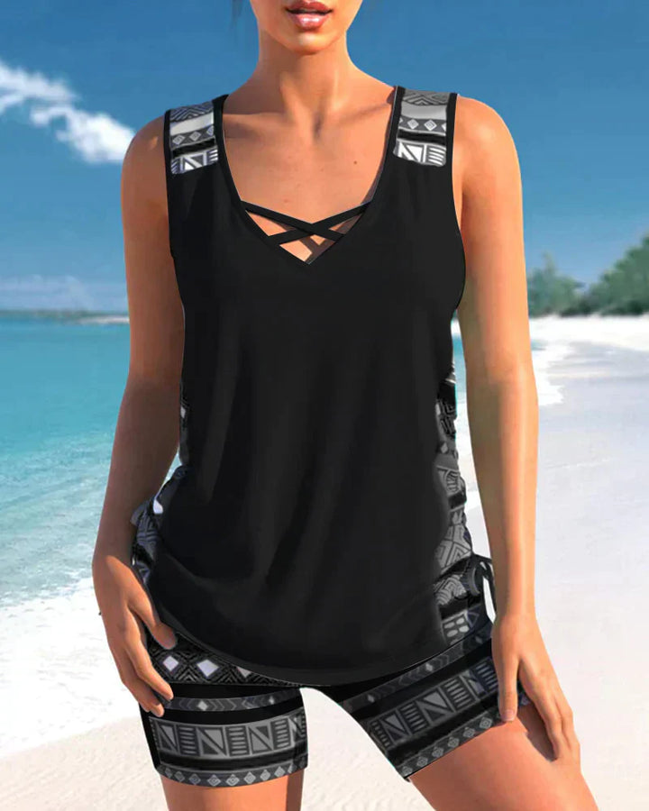 Women's V-neck tankini with bold geometric print, comfortable two-piece for active days