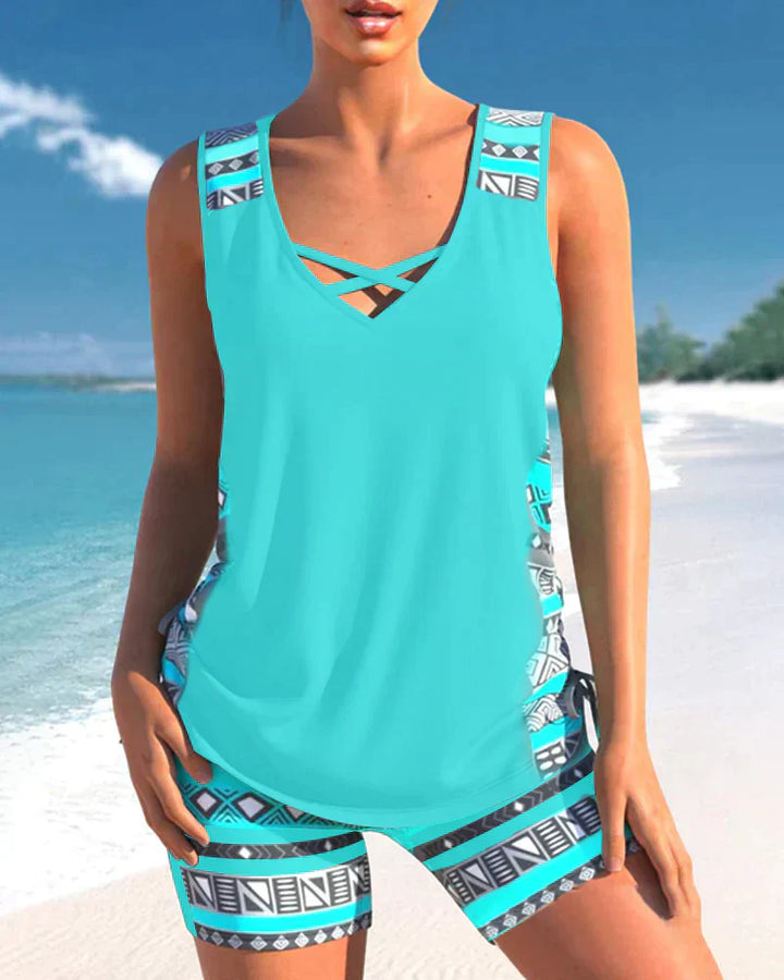 Trendy V-neck tankini swimsuit for women, vibrant geometric print, ideal beachwear