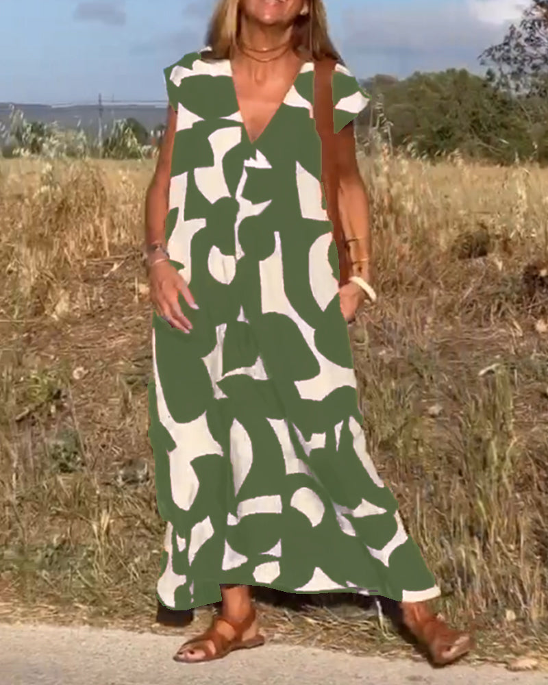 Summer V-Neck Maxi Dress with a vibrant pattern, offering effortless style for any woman.