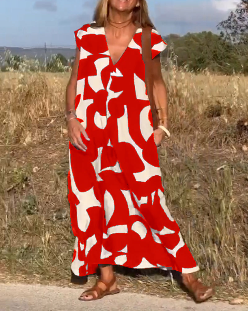 Breezy V-Neck Printed Maxi Dress, A-line design for ultimate summer comfort and style.