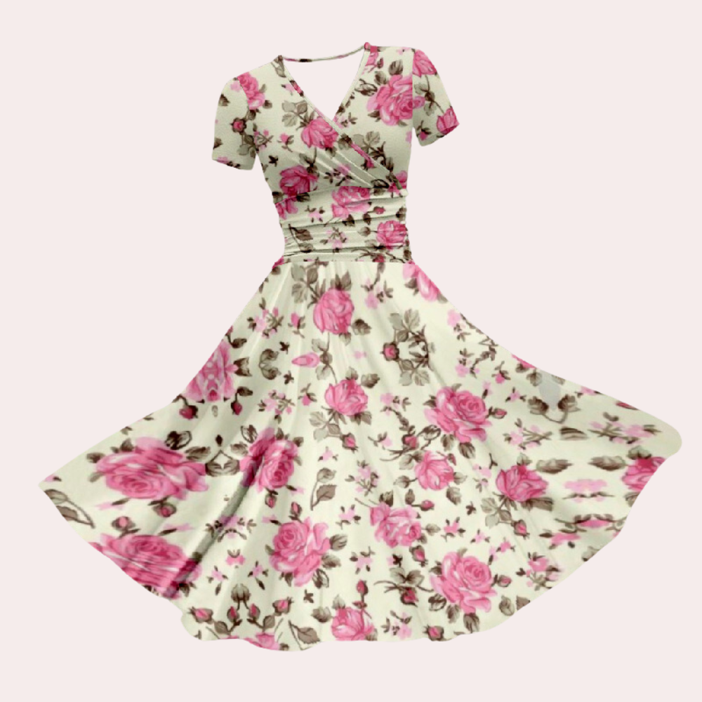 Women's V-neck rainbow stripe midi dress, A-line, short sleeve, perfect for summer vacation