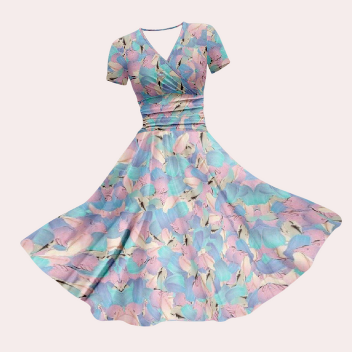 Casual V-neck rainbow stripe midi dress in milk silk fabric, comfortable and stylish for women