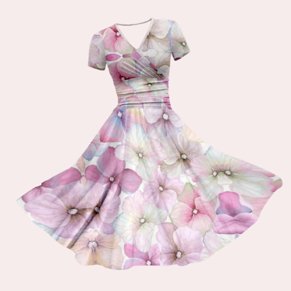 V-neck A-line rainbow stripe midi dress for women, short sleeve, ideal as a summer vacation dress