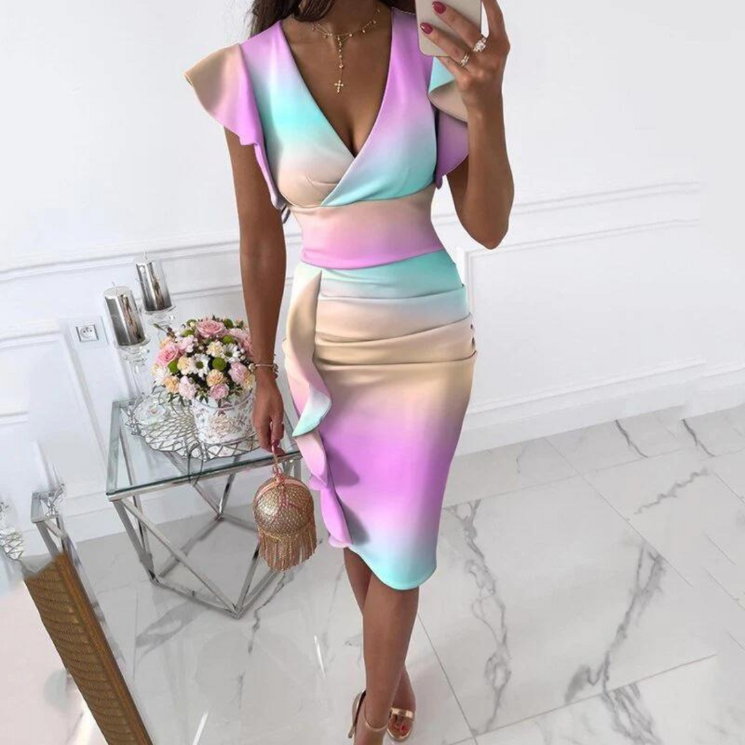 Summer women's dress: V-neck, midi length, and fitted polyester blend fabric for comfort.