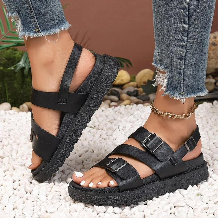 Comfortable women's summer sandals, vegan leather, with built-in arch support and slip-resistant EVA insole.