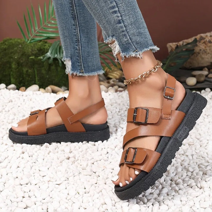 Stylish women's vegan sandals, perfect for seniors, offering arch support and safe, non-slip bottom.