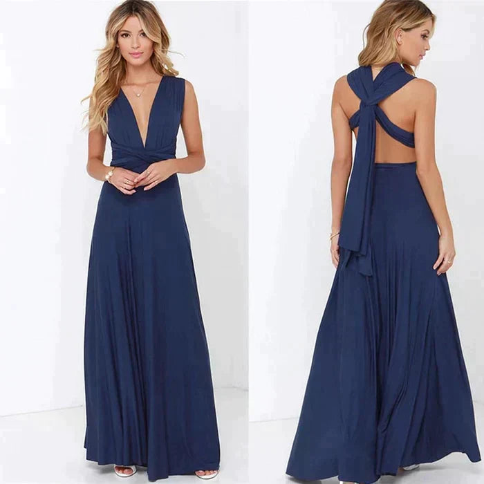 Long transformable wrap dress, elegant and versatile for women's occasion wear and chic events.