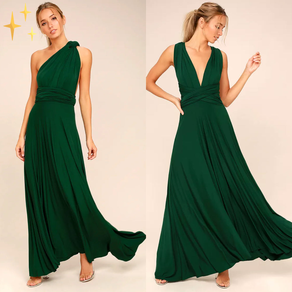 Women's multi-way wrap dress in motion, showcasing its flowing maxi style. Elegant and versatile for parties.