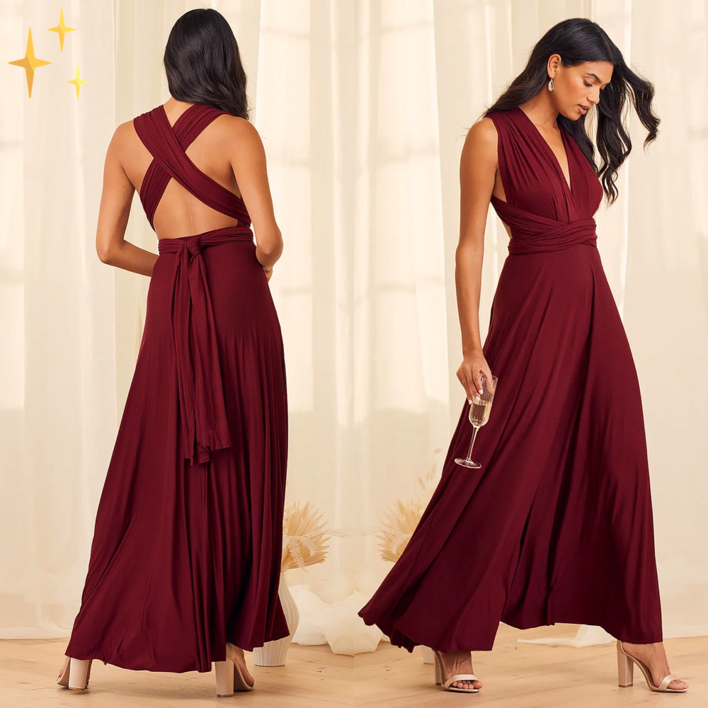 Elegant women's party dress. Versatile convertible wrap maxi, styled gracefully for a special occasion or event.