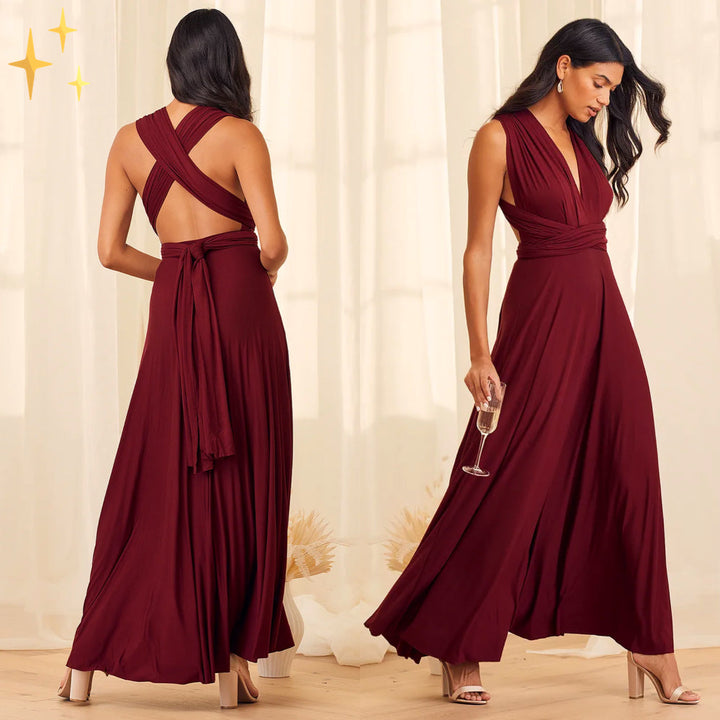 Elegant women's party dress. Versatile convertible wrap maxi, styled gracefully for a special occasion or event.