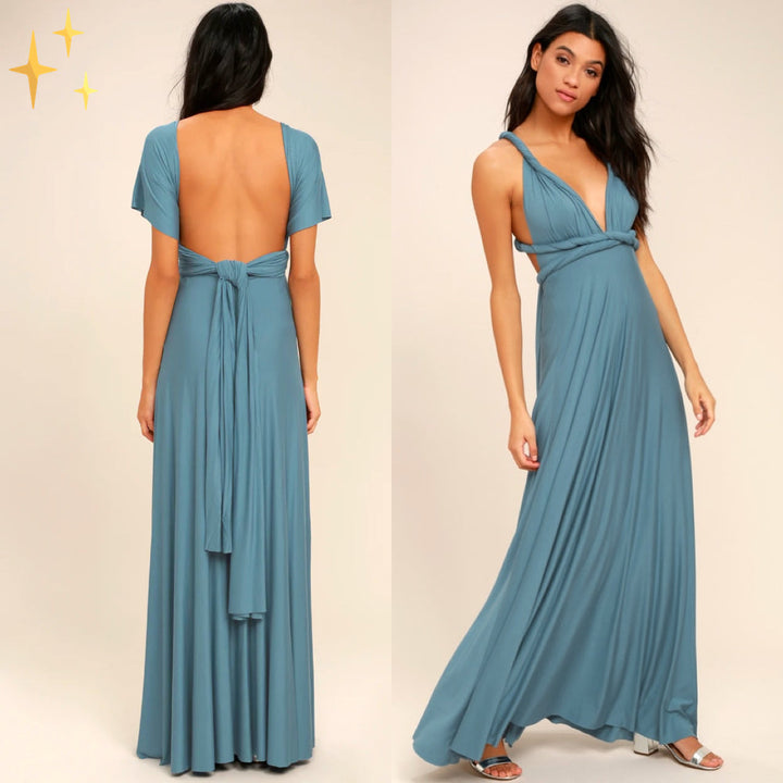 Convertible women's wrap dress, transforming effortlessly into various looks. Elegant, versatile multi-way maxi.