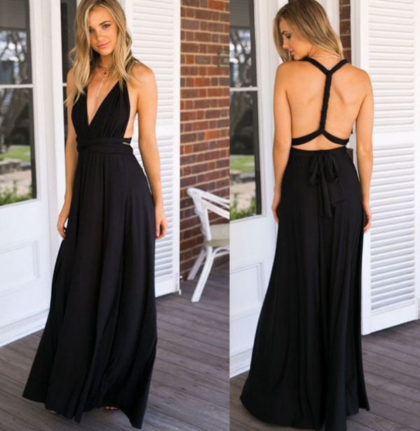 Fashionable women's multi-way wrap dress. Elegant maxi with endless styling options for a unique look.