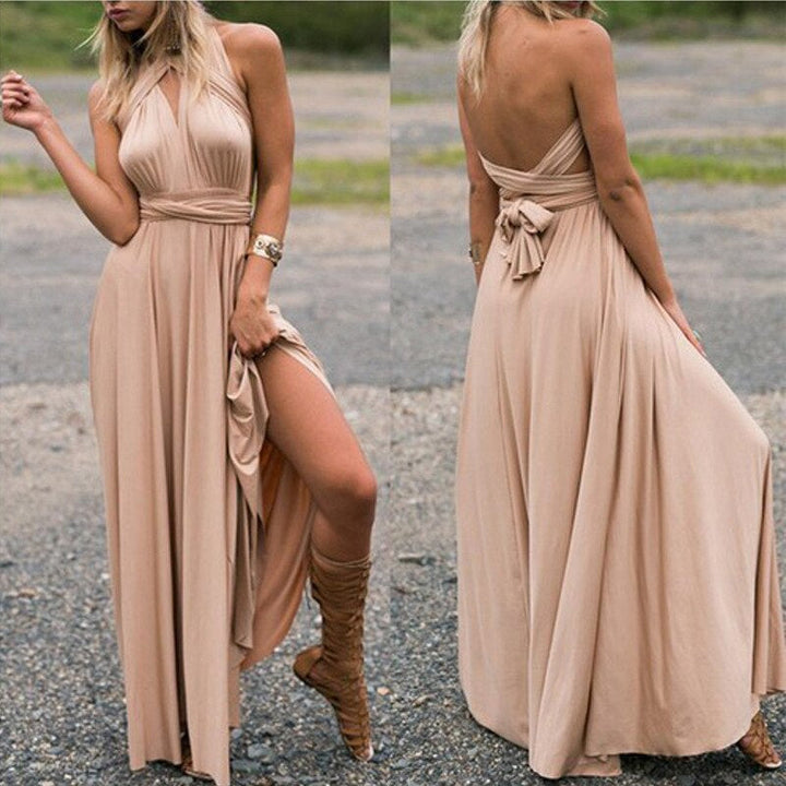 Elegant women's maxi wrap dress with an adjustable top, ideal for summer parties and versatile fashion.