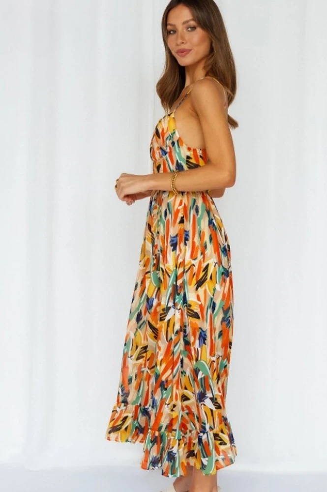 Casual v-neck floral print summer dress for women, sleeveless and comfortable, ideal for vacation.