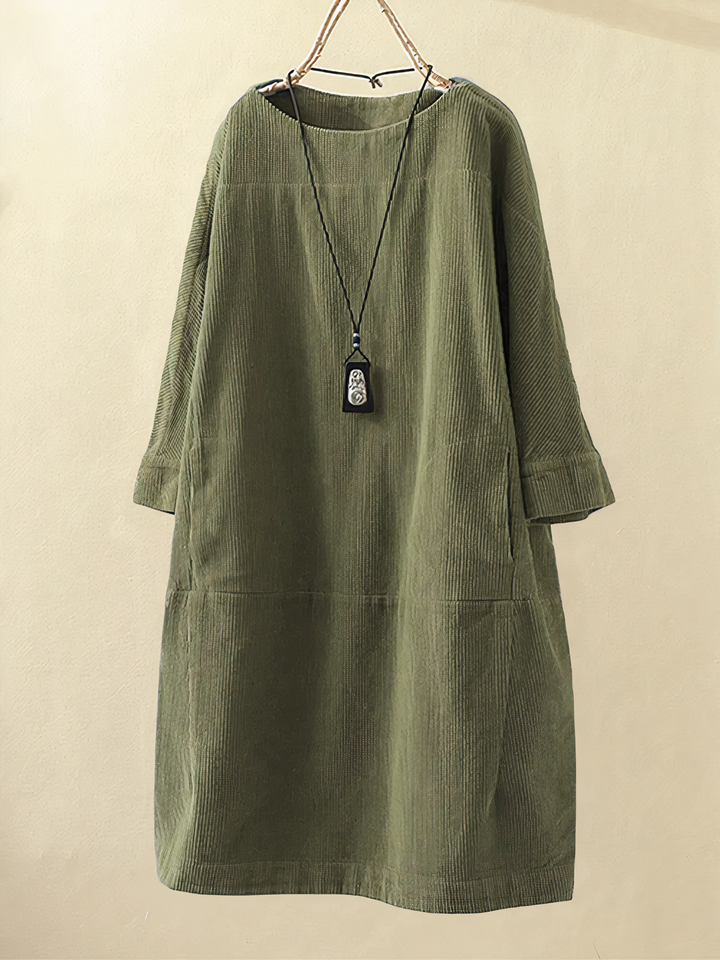 Women's vintage A-line corduroy midi dress with long sleeves, perfect for comfortable fall casual style.