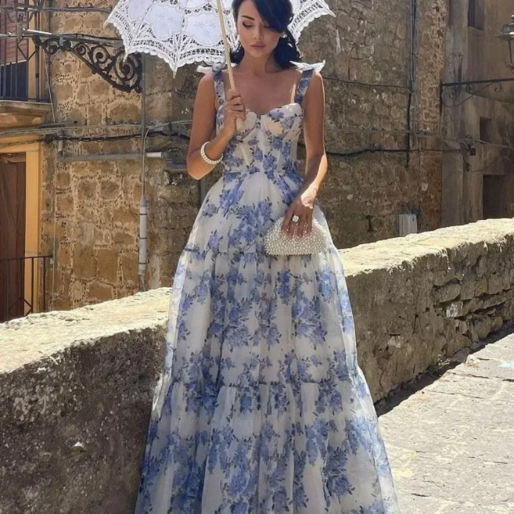 Long vintage blue floral strapless gown for women. Classic design, perfect for elegant evening wear.