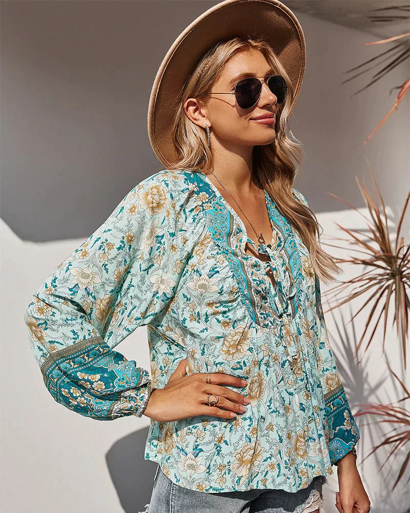 Women's vintage boho floral long sleeve blouse with v-neck, perfect summer fashion.