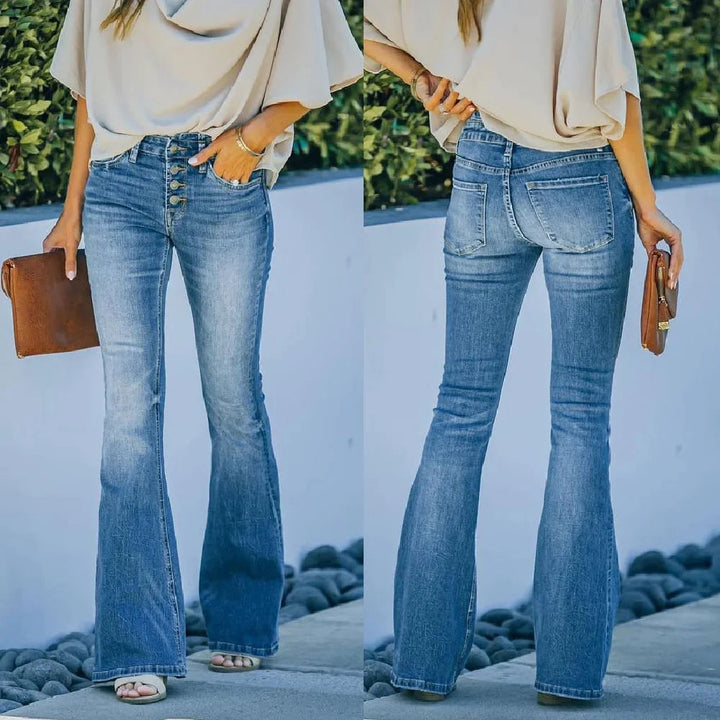 Livia women's vintage flared jeans, comfortable high-waist denim, retro bell-bottoms for timeless style.