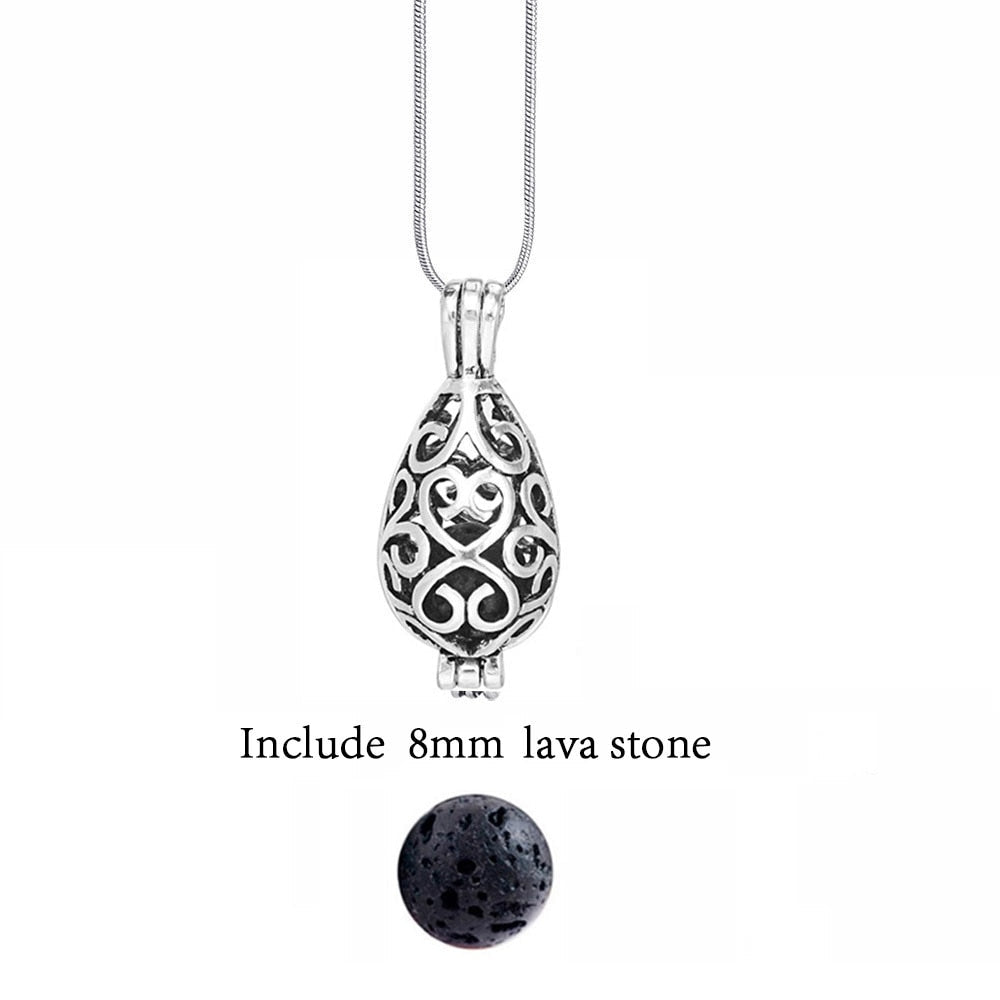 Elegant women's vintage lava stone aromatherapy necklace, essential oil compatible.