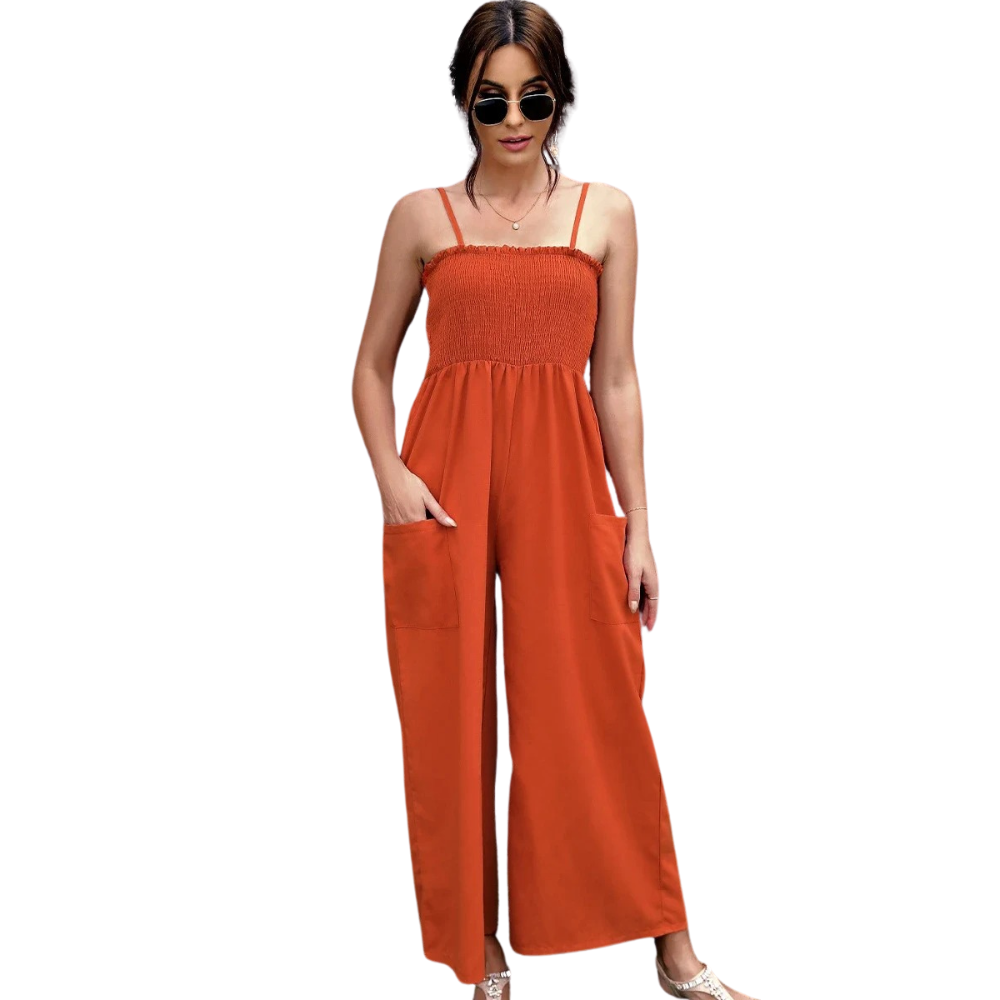 Women's vintage-style spaghetti strap jumpsuit in retro print, wide leg, for summer fashion