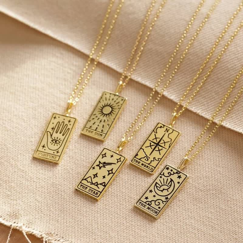 Women's fashion tarot card pendant necklace, vintage mystical design.