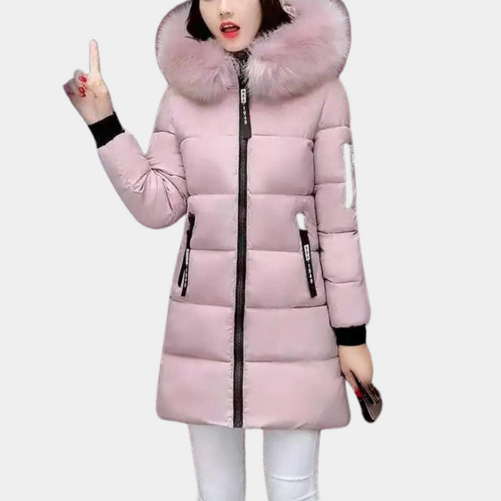 Women's warm hooded puffer jacket, ideal winter outerwear for cold weather.