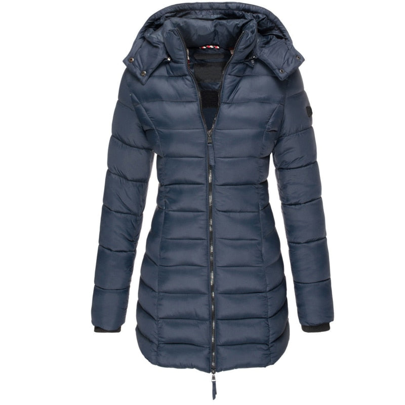 Cozy women's winter parka coat, warm hooded outerwear for cold weather, durable fabric & stylish design.