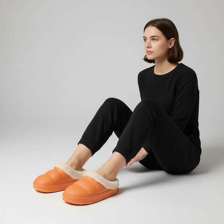 Plush-lined women's waterproof comfort slippers in a neutral, versatile color