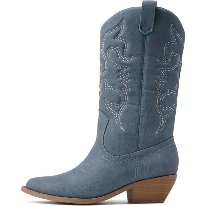 Close-up of the intricate embroidery detail on women's stylish Western knee-high cowboy boots