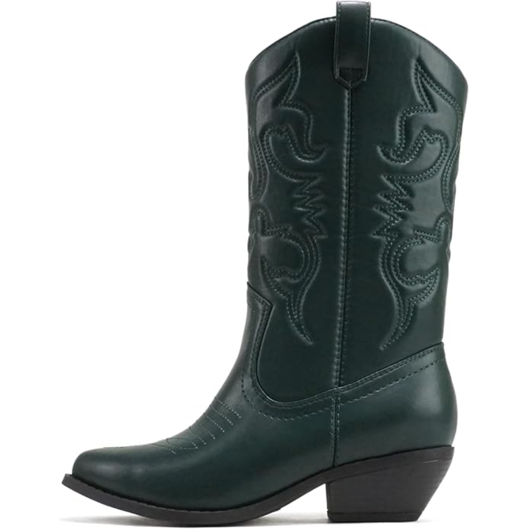 Textured leather of women's Western pointed toe boots, showcasing craftsmanship and quality material