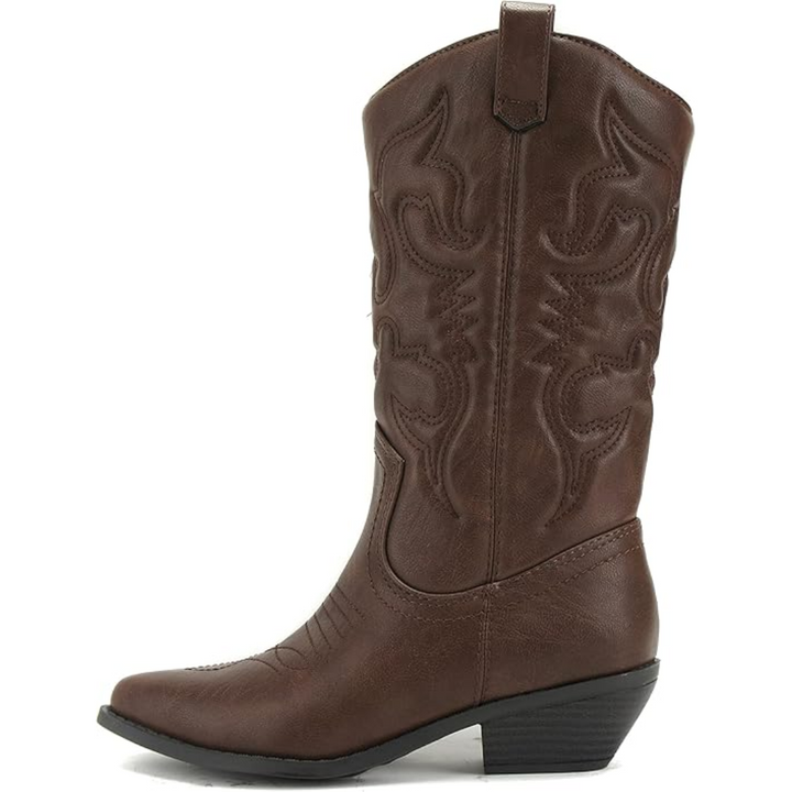 Back view of women's knee-high Western boots, emphasizing the boot shaft and classic pull tabs
