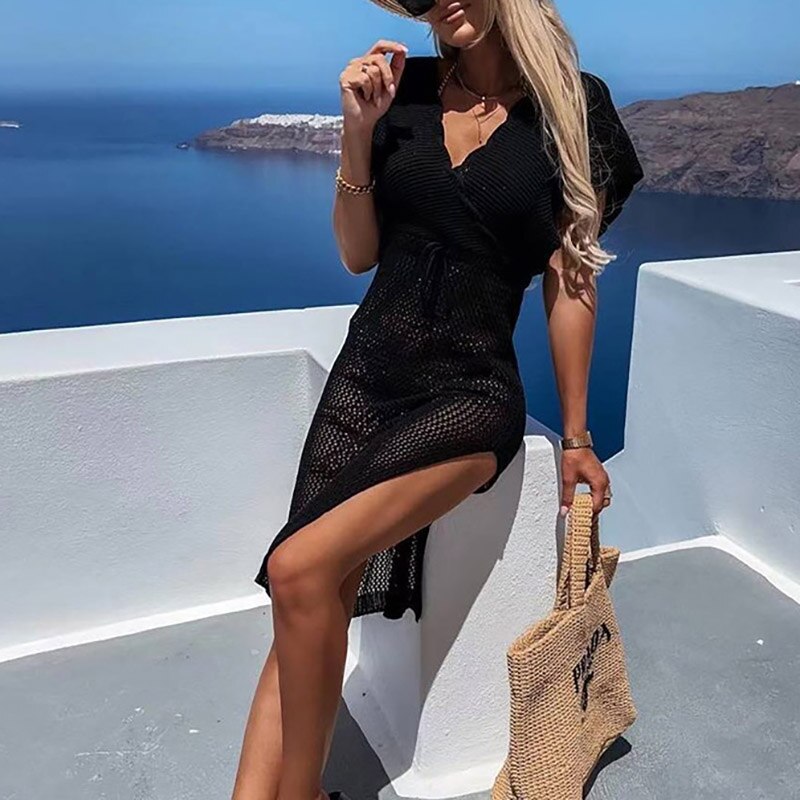 Elegant women's white boho crochet beachwear dress with waist ribbon accent