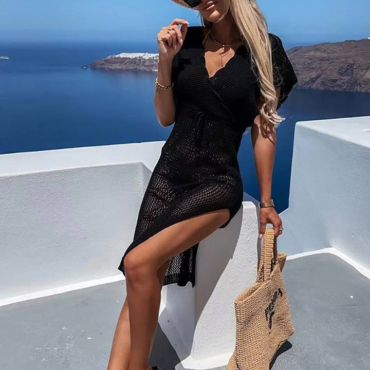 Elegant women's white boho crochet beachwear dress with waist ribbon accent