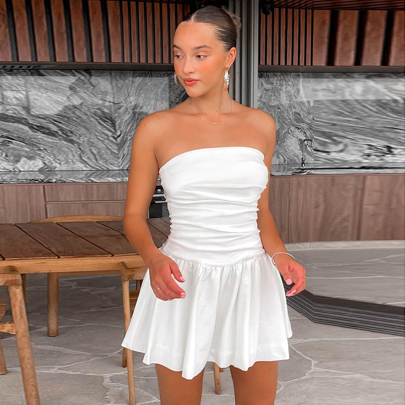 Elegant white strapless mini dress with pleated details, perfect for women's summer cocktails & special occasions.