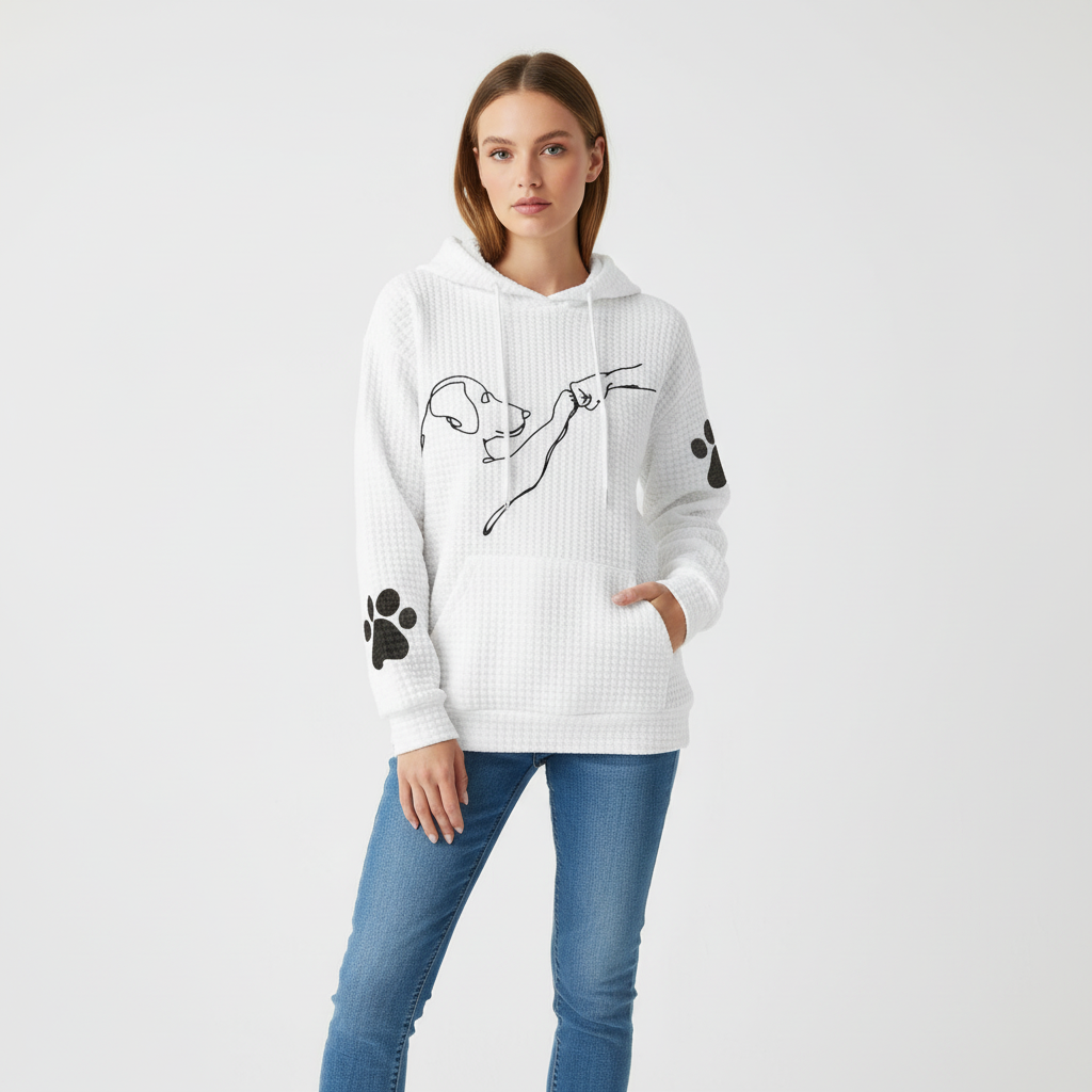 Relaxed fit women's hoodie featuring an adorable dog print, great for autumn fashion