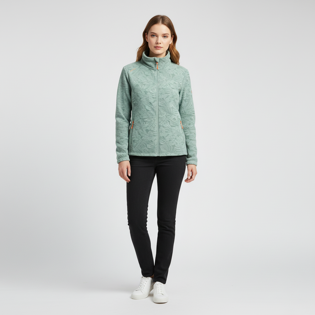 Close-up of botanical print on women's windproof fleece jacket with zipper detail