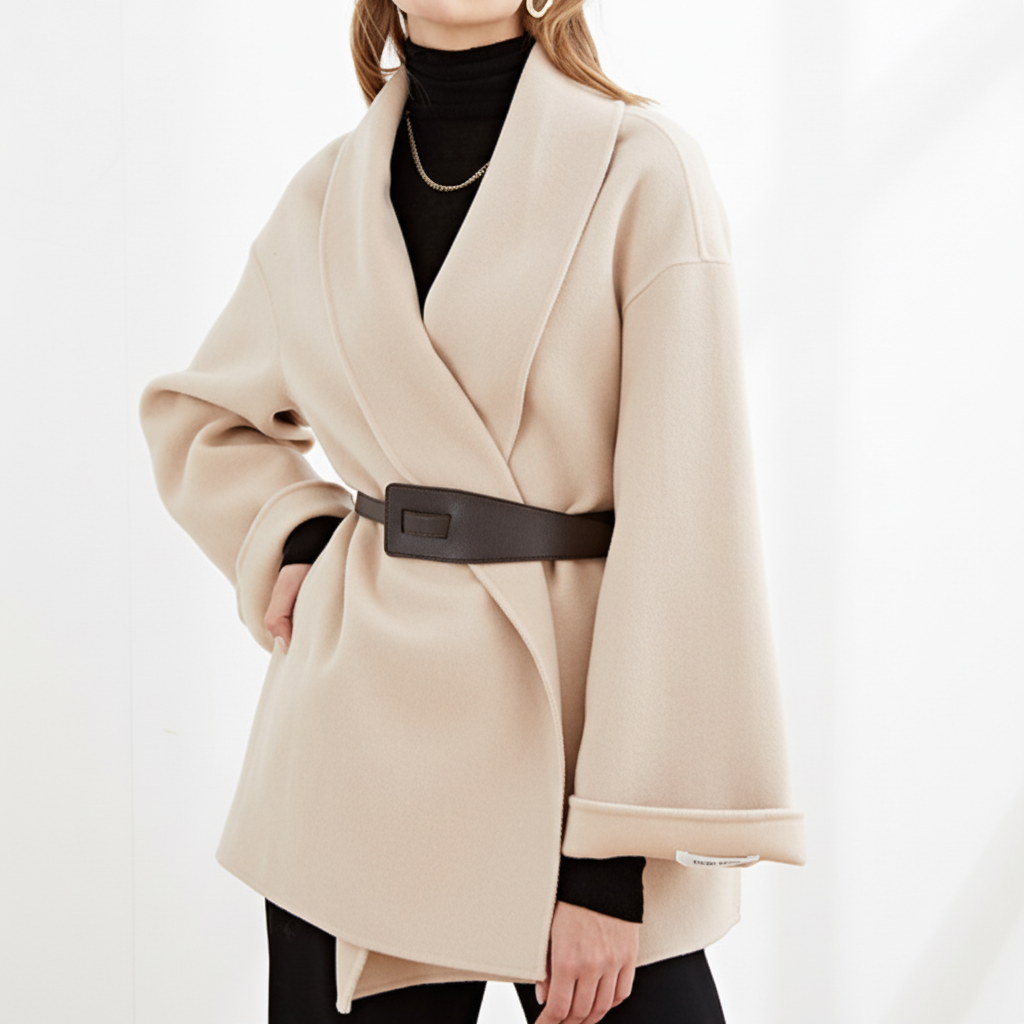 Elegant women's long wool coat in a classic style, featuring a flattering belted waist.