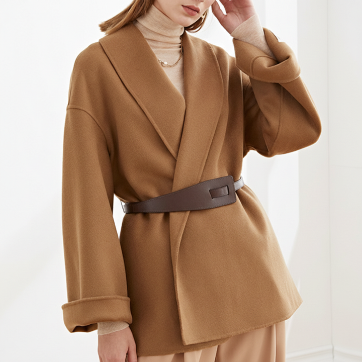 Stylish women's belted long wool jacket, ideal for cold weather, in a versatile classic design.
