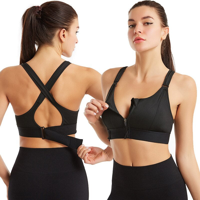 High support activewear sports bra for women with front zip, ideal for running & gym fitness.