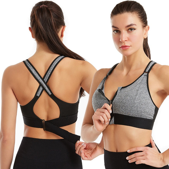Comfortable plus size zip-front sports bra, offering back support for yoga & training.