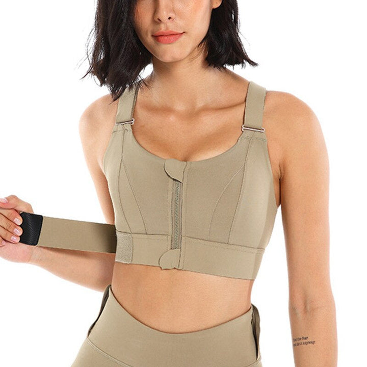 Women's high support gym wear sports bra with convenient zip front & integrated back support.